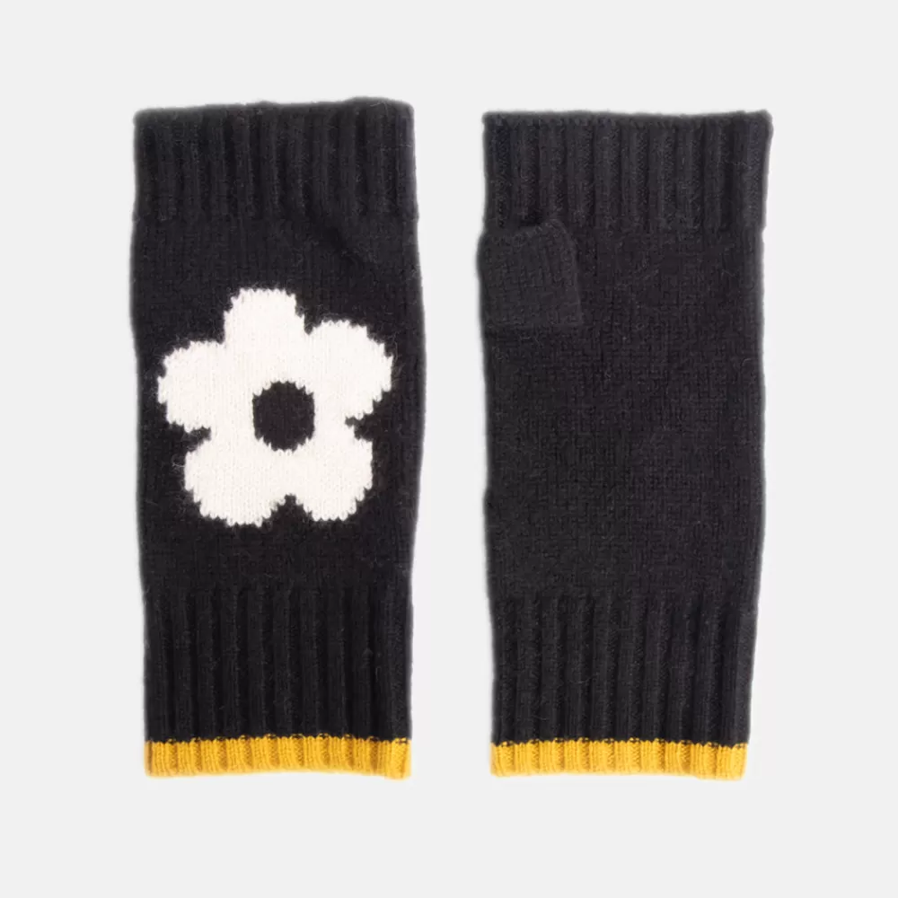 Black/Cream Flower Cashmere Wrist Warmers>Caroline Gardner New