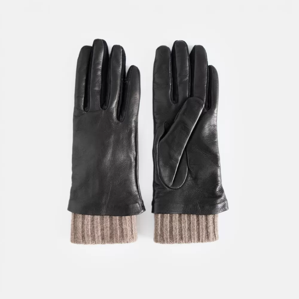 Black/Taupe Rib Cuff Leather Glove>Caroline Gardner Discount