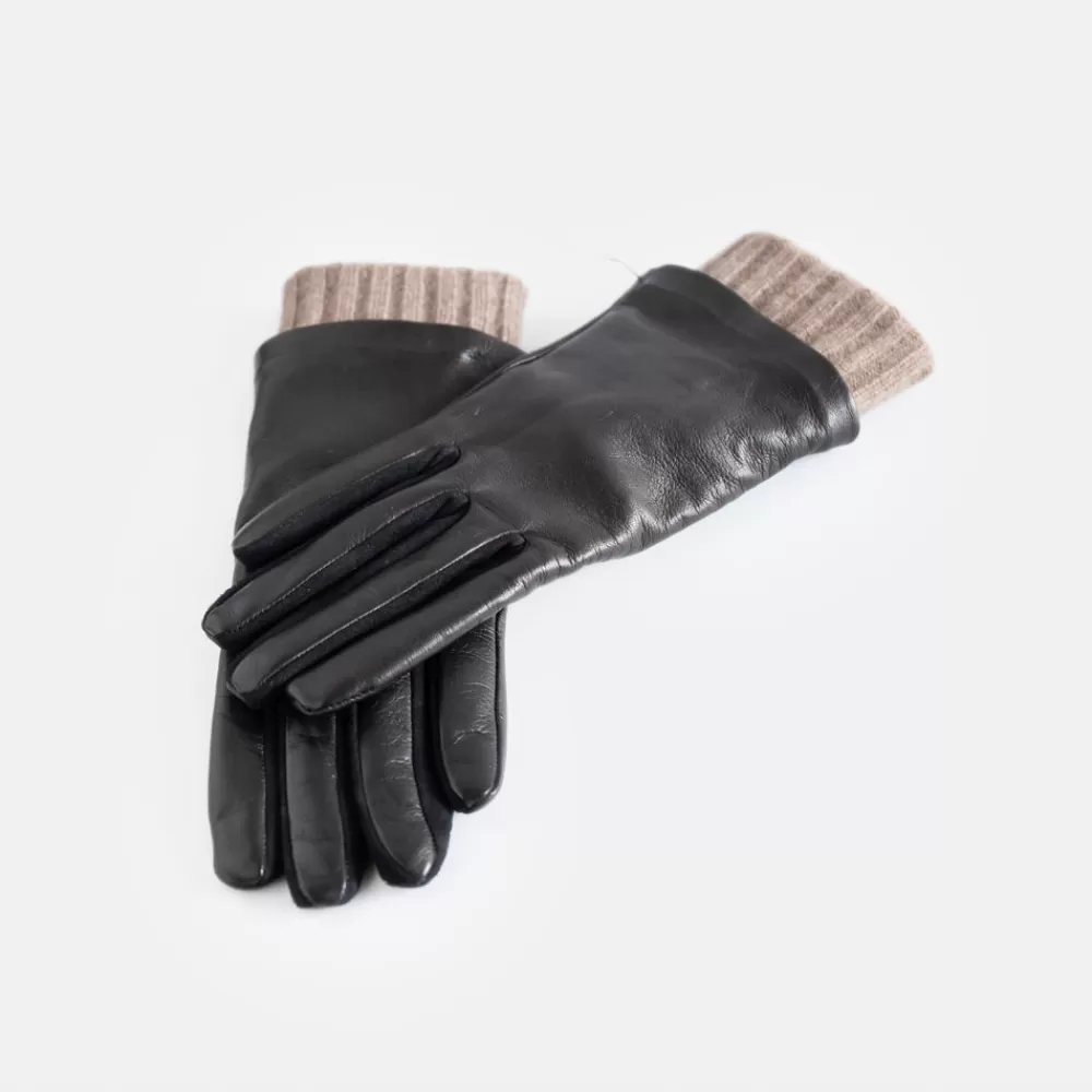 Black/Taupe Rib Cuff Leather Glove>Caroline Gardner Discount