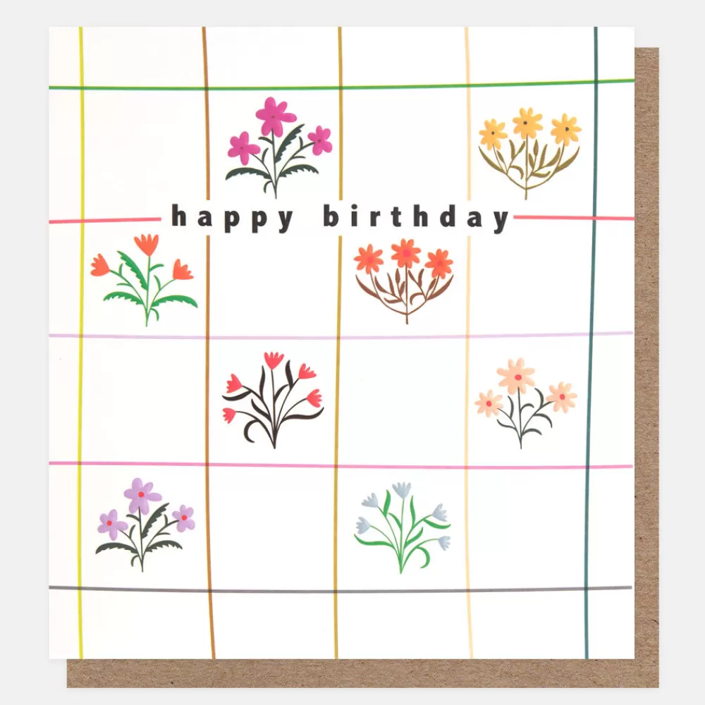 Colourful Floral Grid Check Birthday Card>Caroline Gardner Online