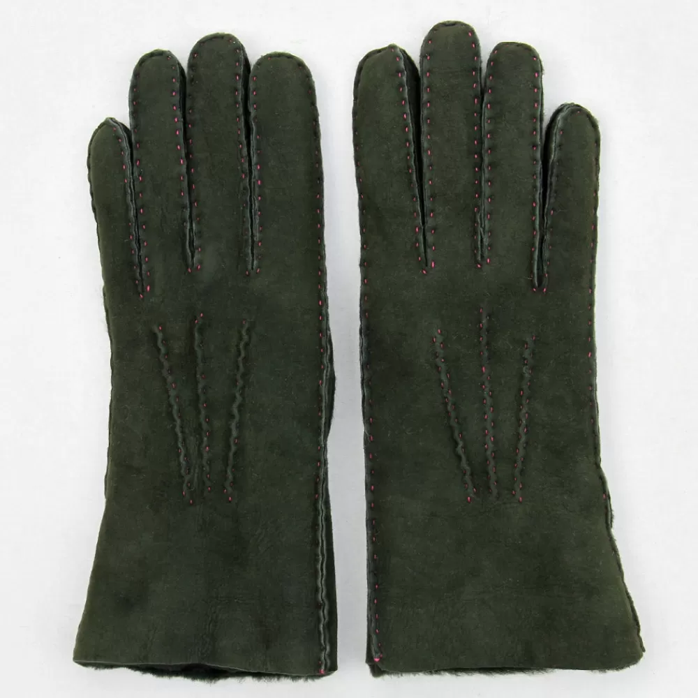 Dark Green Shearling Gloves>Caroline Gardner New