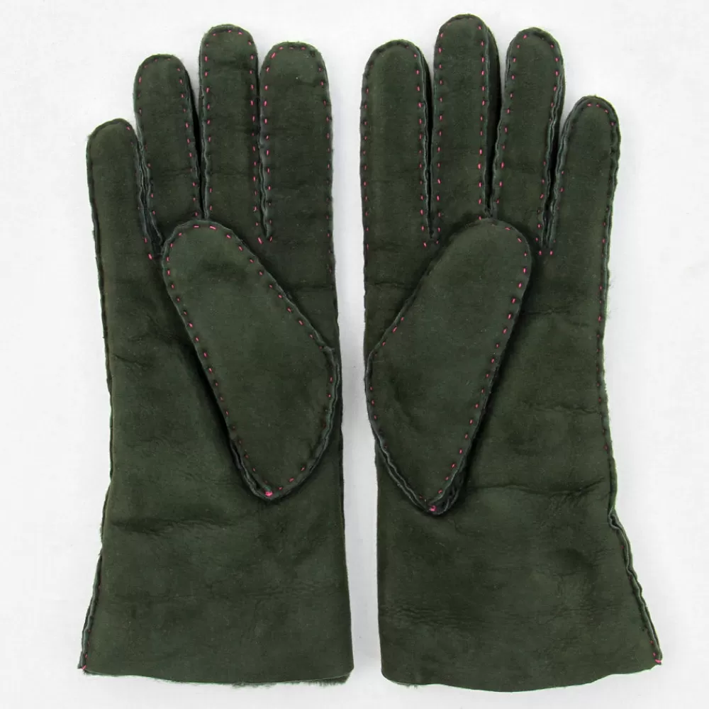 Dark Green Shearling Gloves>Caroline Gardner New