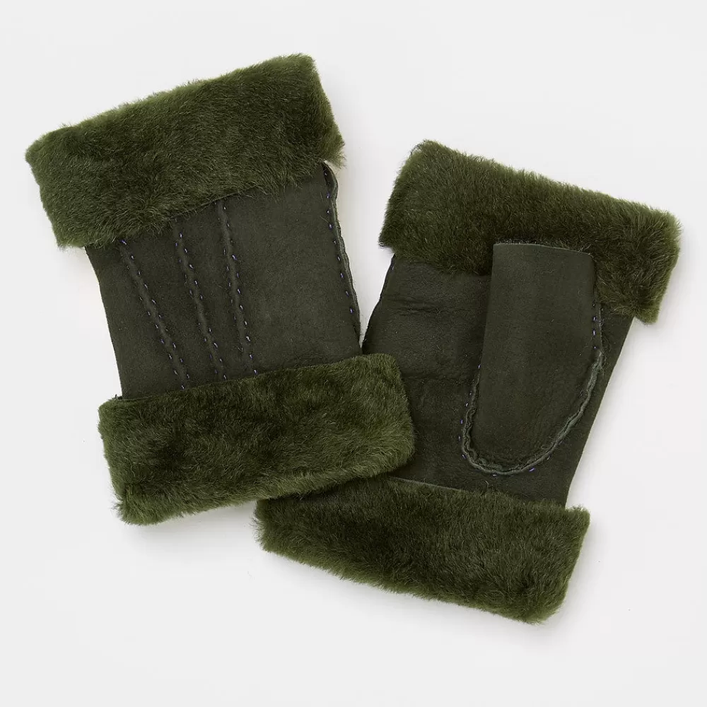 Dark Green Shearling Wrist Warmers>Caroline Gardner New