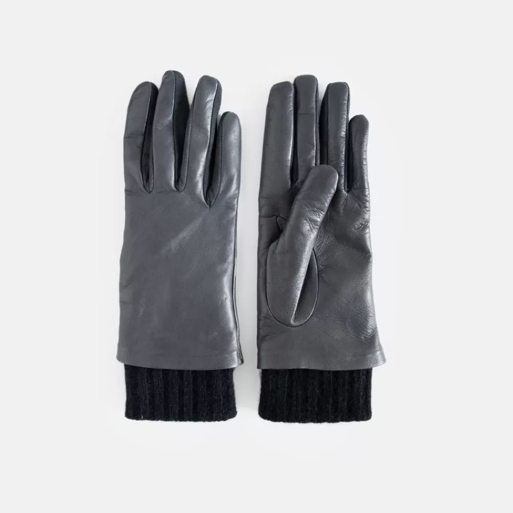 Dark Grey/Black Rib Cuff Leather Glove>Caroline Gardner Online