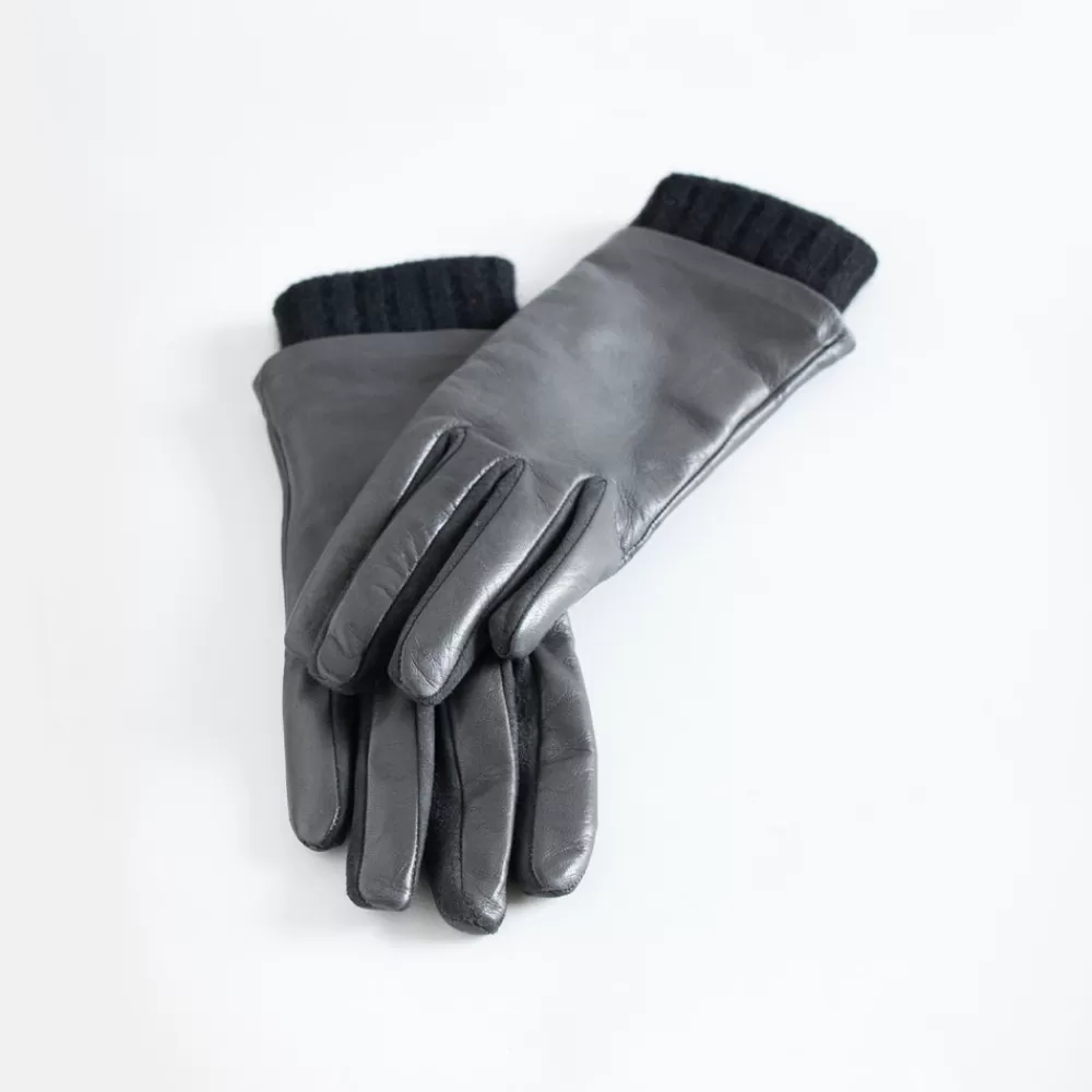 Dark Grey/Black Rib Cuff Leather Glove>Caroline Gardner Online