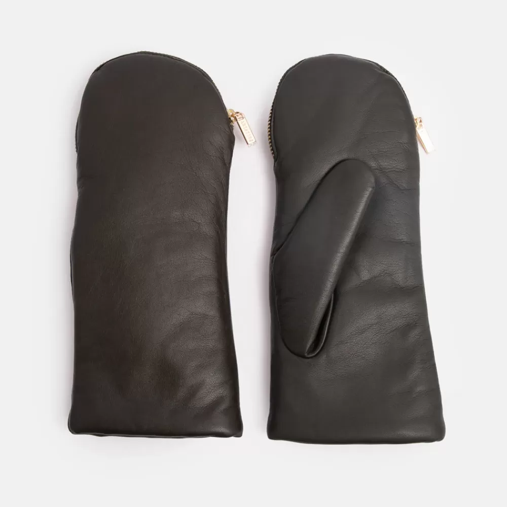 Dark Khaki Fleece Lined Leather Zip Mittens>Caroline Gardner Hot