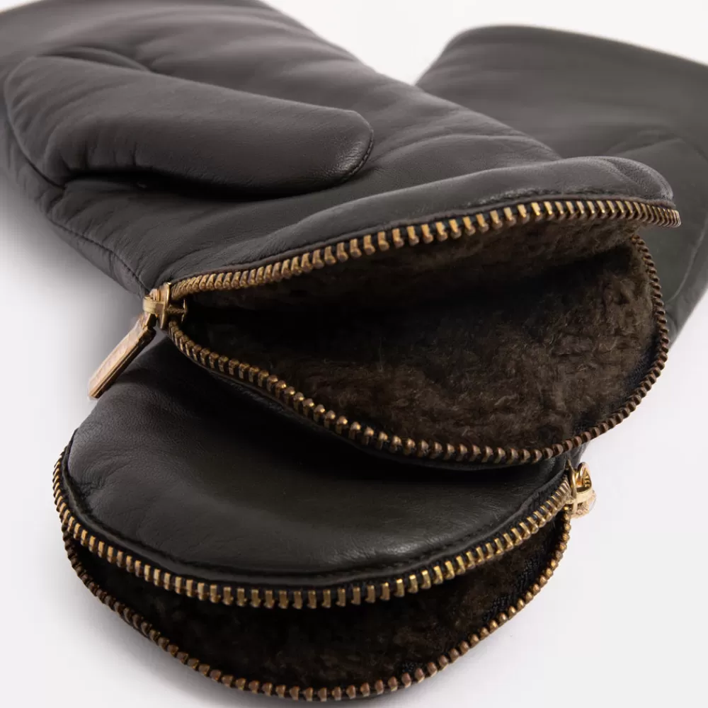 Dark Khaki Fleece Lined Leather Zip Mittens>Caroline Gardner Hot