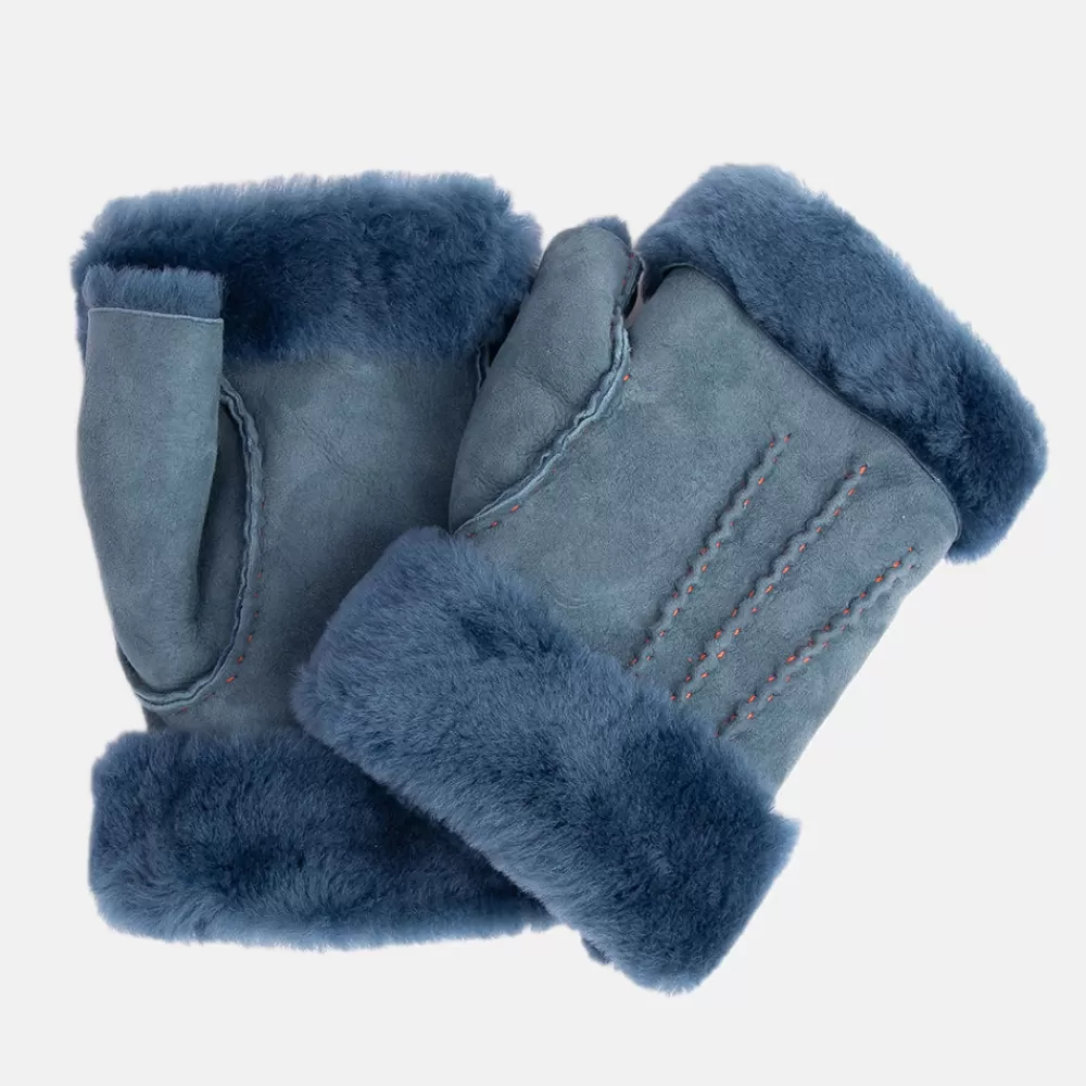 Denim Blue Shearling Wrist Warmers>Caroline Gardner New