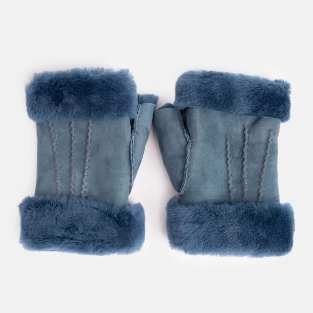 Denim Blue Shearling Wrist Warmers>Caroline Gardner New