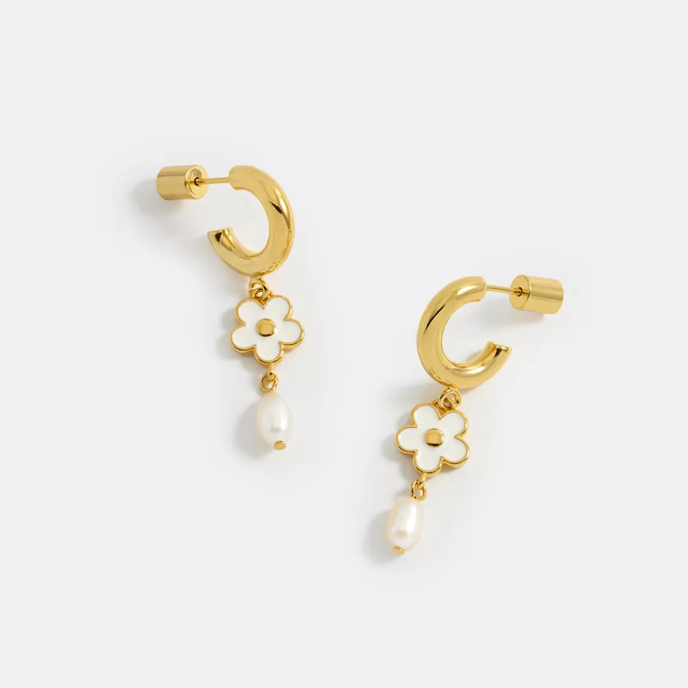 Gold Plated Enamel & Pearl Flower Hoop Earrings>Caroline Gardner Sale