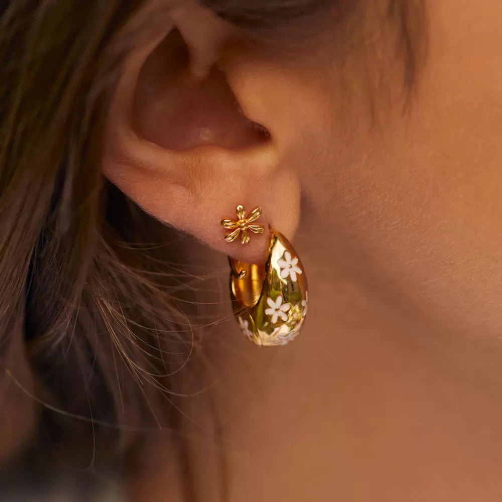 Gold Plated Flower Chunky Hinge Hoops Earrings>Caroline Gardner Best