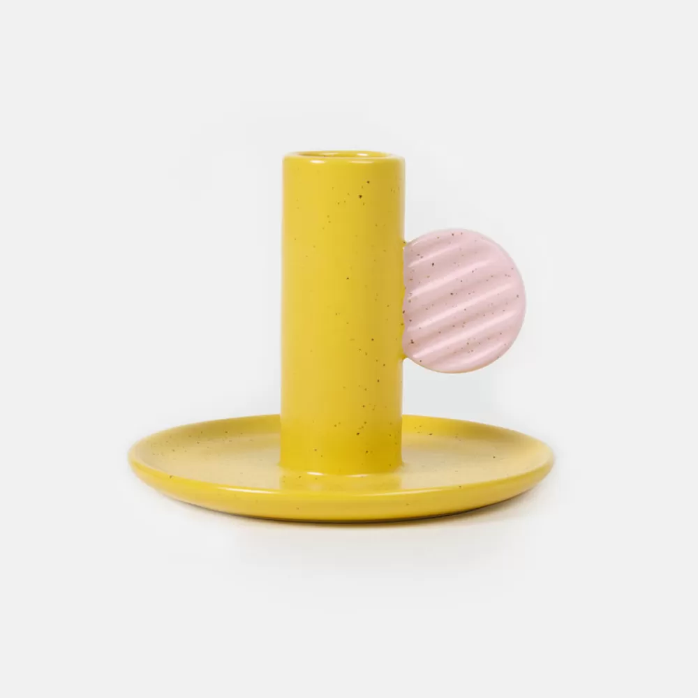 Mustard/Pink Hand Painted Stoneware Candle Holder>Caroline Gardner Discount