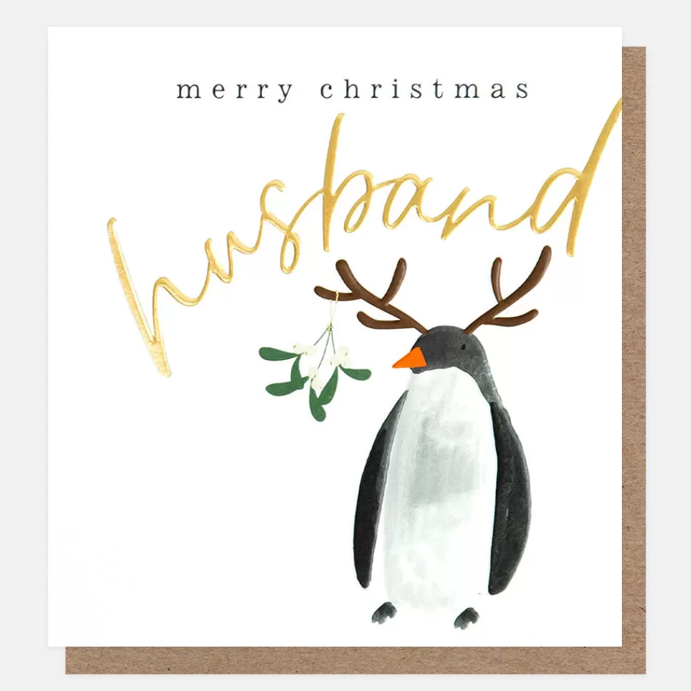 Penguin With Antlers Merry Christmas Husband Card>Caroline Gardner Flash Sale