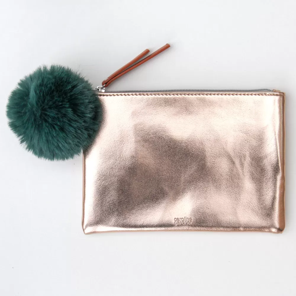 Rose Gold Pouch With Green Faux Fur Pom>Caroline Gardner Shop